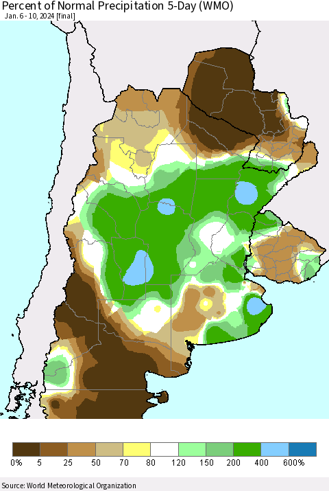 Southern South America Percent of Normal Precipitation 5-Day (WMO) Thematic Map For 1/6/2024 - 1/10/2024
