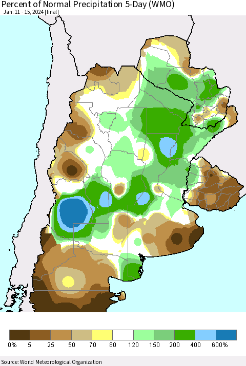 Southern South America Percent of Normal Precipitation 5-Day (WMO) Thematic Map For 1/11/2024 - 1/15/2024