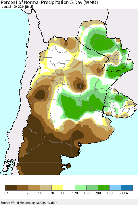 Southern South America Percent of Normal Precipitation 5-Day (WMO) Thematic Map For 1/16/2024 - 1/20/2024