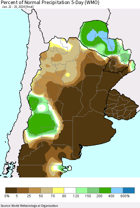 Southern South America Percent of Normal Precipitation 5-Day (WMO) Thematic Map For 1/21/2024 - 1/25/2024