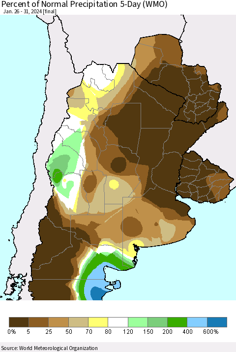 Southern South America Percent of Normal Precipitation 5-Day (WMO) Thematic Map For 1/26/2024 - 1/31/2024