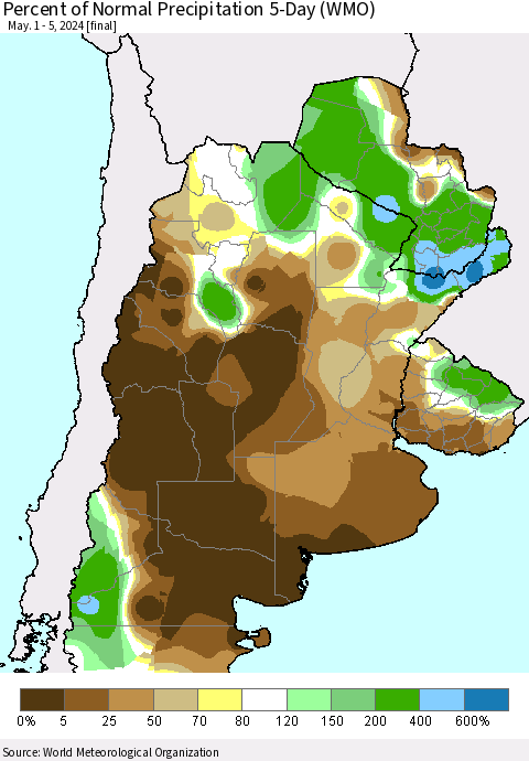 Southern South America Percent of Normal Precipitation 5-Day (WMO) Thematic Map For 5/1/2024 - 5/5/2024