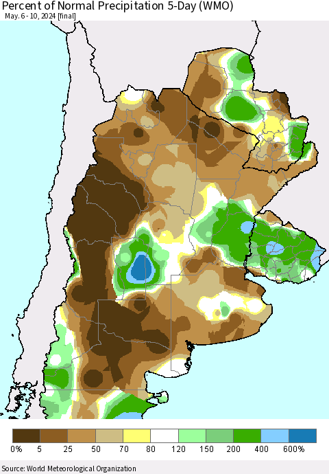 Southern South America Percent of Normal Precipitation 5-Day (WMO) Thematic Map For 5/6/2024 - 5/10/2024