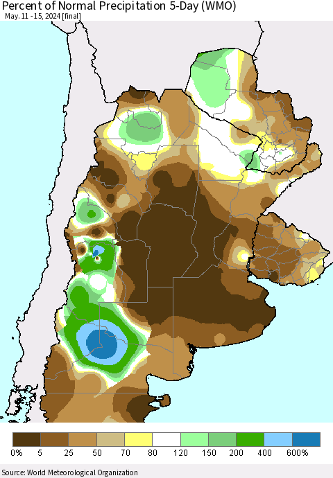 Southern South America Percent of Normal Precipitation 5-Day (WMO) Thematic Map For 5/11/2024 - 5/15/2024