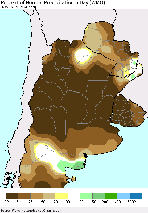 Southern South America Percent of Normal Precipitation 5-Day (WMO) Thematic Map For 5/16/2024 - 5/20/2024