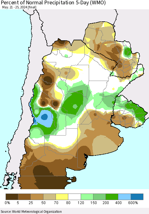 Southern South America Percent of Normal Precipitation 5-Day (WMO) Thematic Map For 5/21/2024 - 5/25/2024
