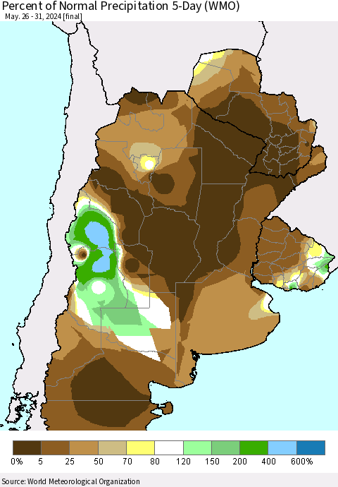 Southern South America Percent of Normal Precipitation 5-Day (WMO) Thematic Map For 5/26/2024 - 5/31/2024