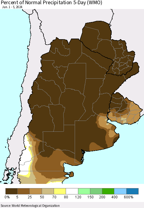 Southern South America Percent of Normal Precipitation 5-Day (WMO) Thematic Map For 6/1/2024 - 6/5/2024