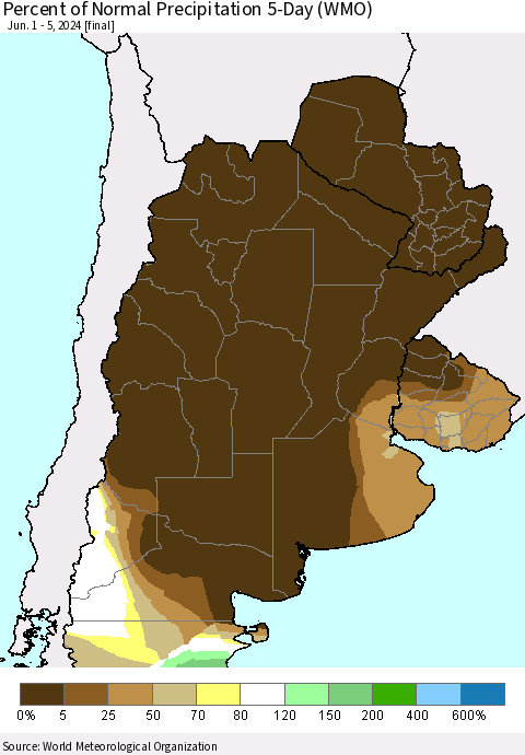 Southern South America Percent of Normal Precipitation 5-Day (WMO) Thematic Map For 6/1/2024 - 6/5/2024