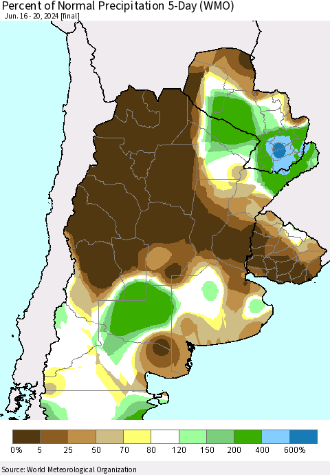 Southern South America Percent of Normal Precipitation 5-Day (WMO) Thematic Map For 6/16/2024 - 6/20/2024