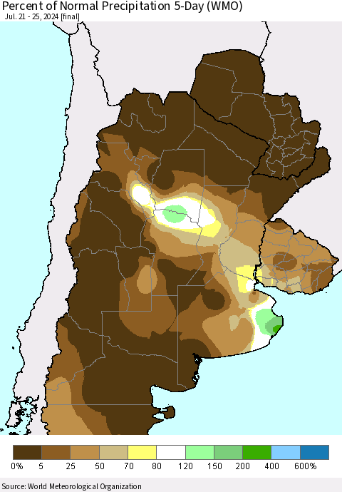 Southern South America Percent of Normal Precipitation 5-Day (WMO) Thematic Map For 7/21/2024 - 7/25/2024