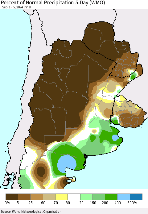 Southern South America Percent of Normal Precipitation 5-Day (WMO) Thematic Map For 9/1/2024 - 9/5/2024