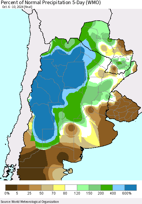 Southern South America Percent of Normal Precipitation 5-Day (WMO) Thematic Map For 10/6/2024 - 10/10/2024
