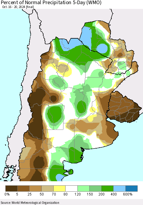 Southern South America Percent of Normal Precipitation 5-Day (WMO) Thematic Map For 10/16/2024 - 10/20/2024