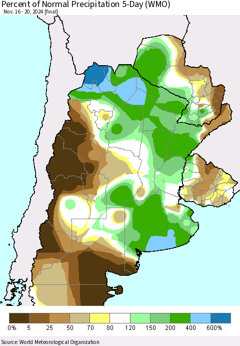 Southern South America Percent of Normal Precipitation 5-Day (WMO) Thematic Map For 11/16/2024 - 11/20/2024