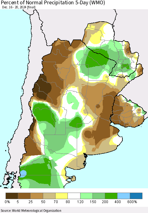 Southern South America Percent of Normal Precipitation 5-Day (WMO) Thematic Map For 12/16/2024 - 12/20/2024