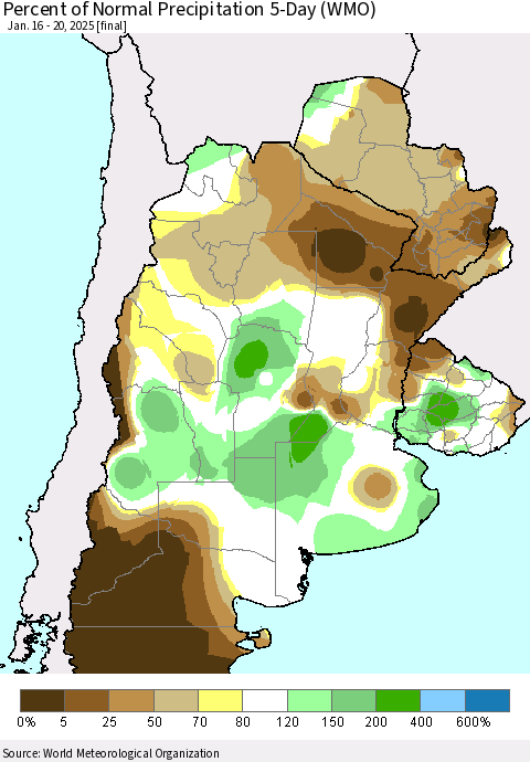 Southern South America Percent of Normal Precipitation 5-Day (WMO) Thematic Map For 1/16/2025 - 1/20/2025