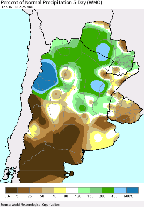 Southern South America Percent of Normal Precipitation 5-Day (WMO) Thematic Map For 2/16/2025 - 2/20/2025