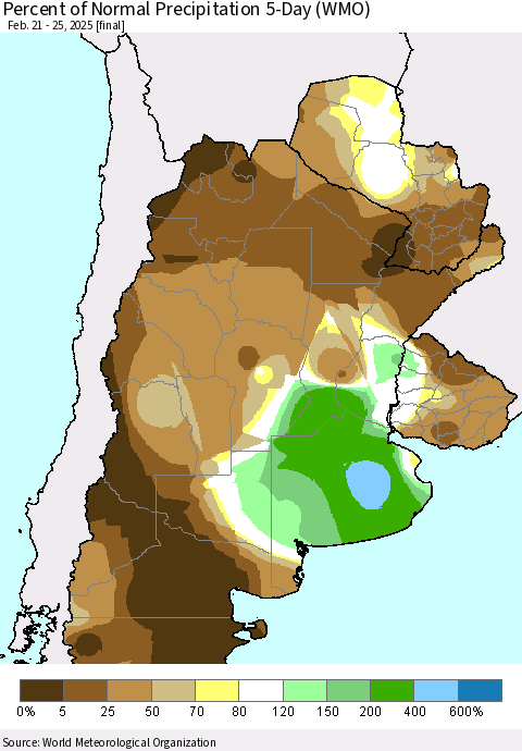 Southern South America Percent of Normal Precipitation 5-Day (WMO) Thematic Map For 2/21/2025 - 2/25/2025