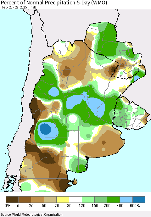 Southern South America Percent of Normal Precipitation 5-Day (WMO) Thematic Map For 2/26/2025 - 2/28/2025