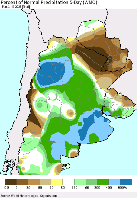 Southern South America Percent of Normal Precipitation 5-Day (WMO) Thematic Map For 3/1/2025 - 3/5/2025