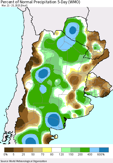Southern South America Percent of Normal Precipitation 5-Day (WMO) Thematic Map For 3/21/2025 - 3/25/2025