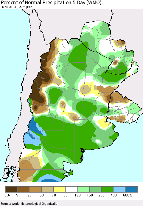 Southern South America Percent of Normal Precipitation 5-Day (WMO) Thematic Map For 3/26/2025 - 3/31/2025