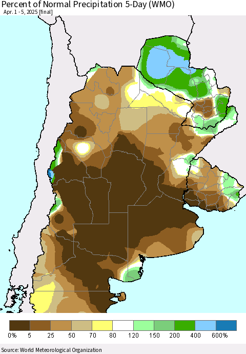 Southern South America Percent of Normal Precipitation 5-Day (WMO) Thematic Map For 4/1/2025 - 4/5/2025