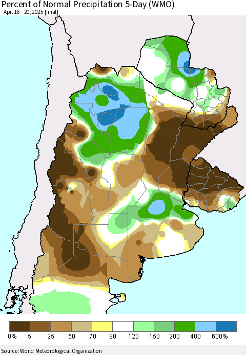 Southern South America Percent of Normal Precipitation 5-Day (WMO) Thematic Map For 4/16/2025 - 4/20/2025