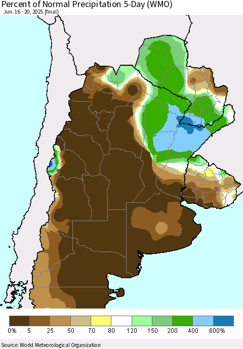 Southern South America Percent of Normal Precipitation 5-Day (WMO) Thematic Map For 6/16/2025 - 6/20/2025