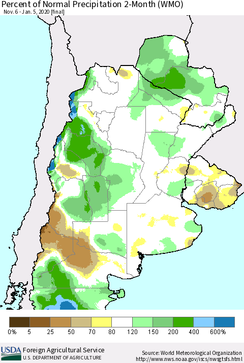 Southern South America Percent of Normal Precipitation 2-Month (WMO) Thematic Map For 11/6/2019 - 1/5/2020