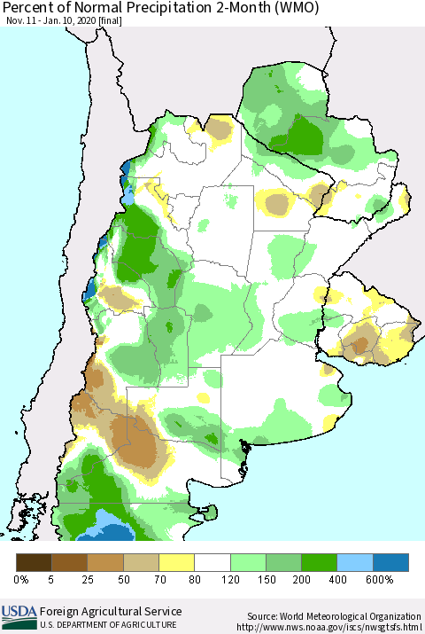 Southern South America Percent of Normal Precipitation 2-Month (WMO) Thematic Map For 11/11/2019 - 1/10/2020