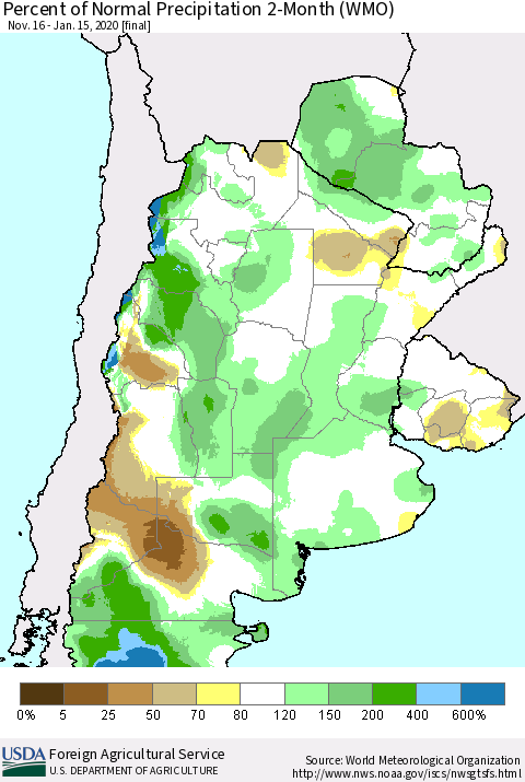 Southern South America Percent of Normal Precipitation 2-Month (WMO) Thematic Map For 11/16/2019 - 1/15/2020
