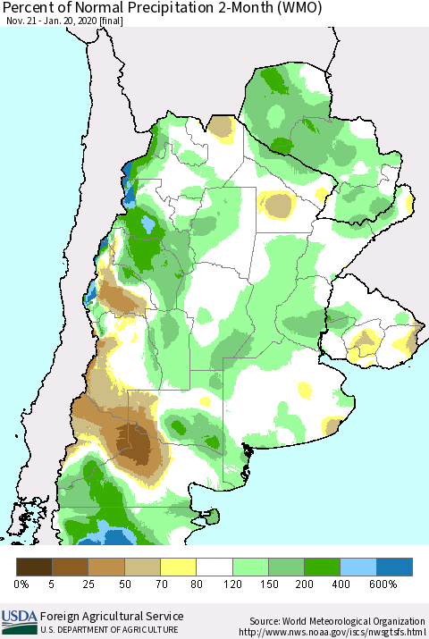 Southern South America Percent of Normal Precipitation 2-Month (WMO) Thematic Map For 11/21/2019 - 1/20/2020