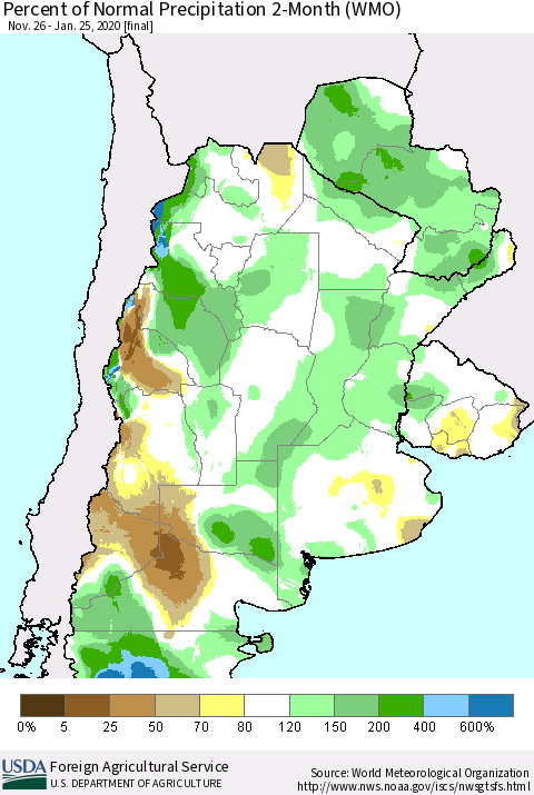 Southern South America Percent of Normal Precipitation 2-Month (WMO) Thematic Map For 11/26/2019 - 1/25/2020
