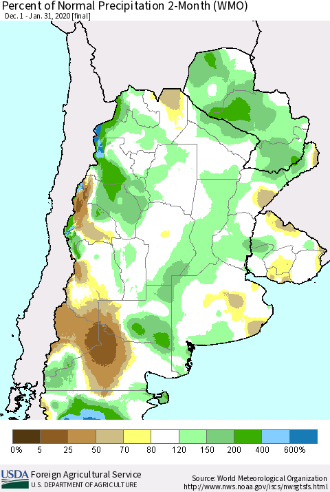 Southern South America Percent of Normal Precipitation 2-Month (WMO) Thematic Map For 12/1/2019 - 1/31/2020