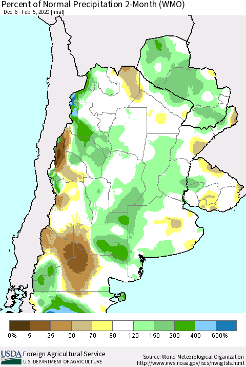 Southern South America Percent of Normal Precipitation 2-Month (WMO) Thematic Map For 12/6/2019 - 2/5/2020