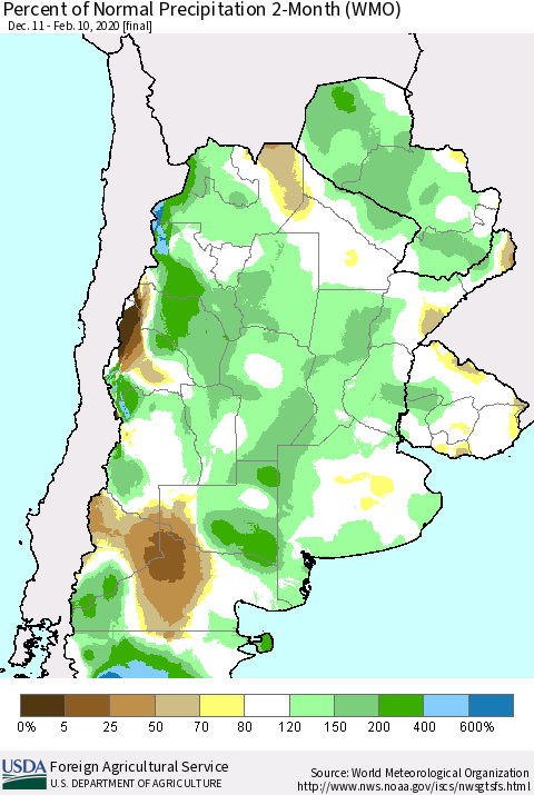 Southern South America Percent of Normal Precipitation 2-Month (WMO) Thematic Map For 12/11/2019 - 2/10/2020