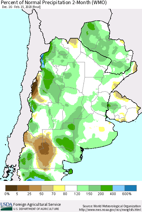 Southern South America Percent of Normal Precipitation 2-Month (WMO) Thematic Map For 12/16/2019 - 2/15/2020