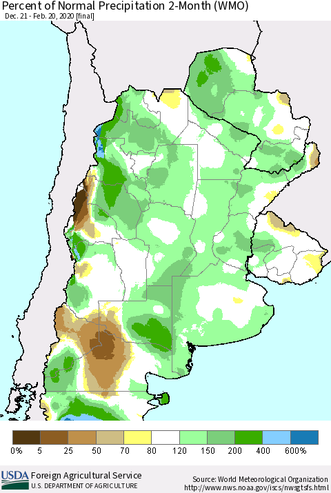 Southern South America Percent of Normal Precipitation 2-Month (WMO) Thematic Map For 12/21/2019 - 2/20/2020