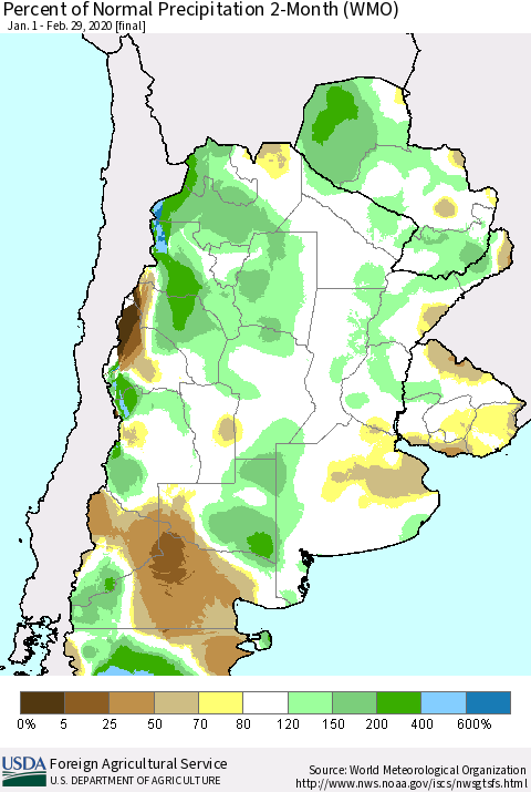 Southern South America Percent of Normal Precipitation 2-Month (WMO) Thematic Map For 1/1/2020 - 2/29/2020