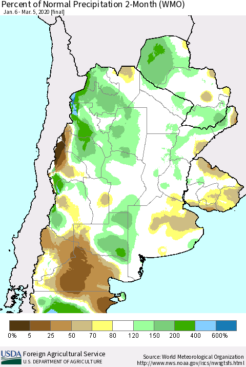 Southern South America Percent of Normal Precipitation 2-Month (WMO) Thematic Map For 1/6/2020 - 3/5/2020