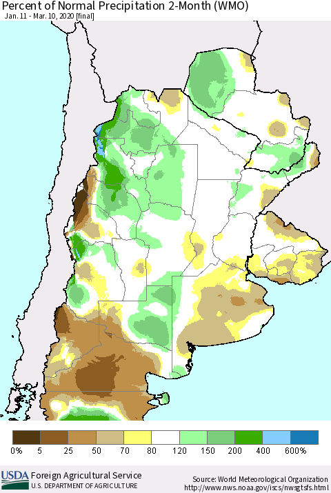 Southern South America Percent of Normal Precipitation 2-Month (WMO) Thematic Map For 1/11/2020 - 3/10/2020