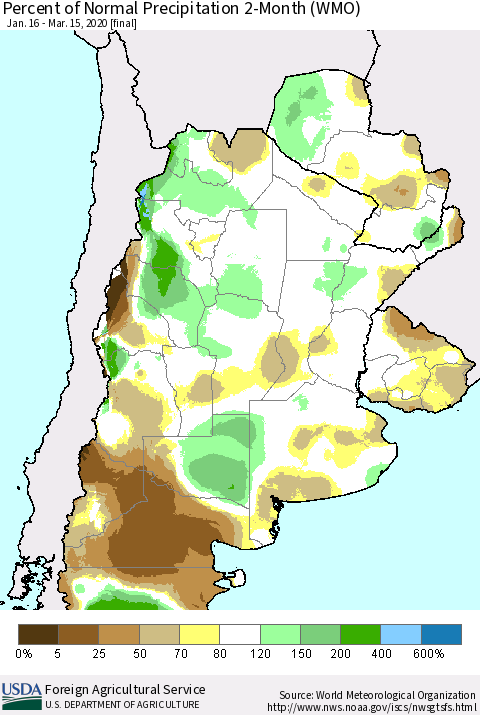 Southern South America Percent of Normal Precipitation 2-Month (WMO) Thematic Map For 1/16/2020 - 3/15/2020