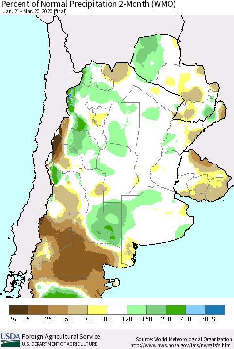 Southern South America Percent of Normal Precipitation 2-Month (WMO) Thematic Map For 1/21/2020 - 3/20/2020