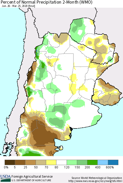 Southern South America Percent of Normal Precipitation 2-Month (WMO) Thematic Map For 1/26/2020 - 3/25/2020
