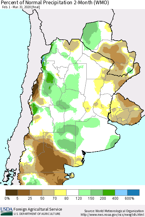 Southern South America Percent of Normal Precipitation 2-Month (WMO) Thematic Map For 2/1/2020 - 3/31/2020