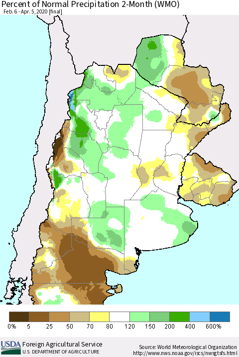 Southern South America Percent of Normal Precipitation 2-Month (WMO) Thematic Map For 2/6/2020 - 4/5/2020
