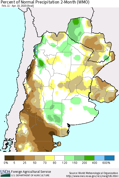 Southern South America Percent of Normal Precipitation 2-Month (WMO) Thematic Map For 2/11/2020 - 4/10/2020