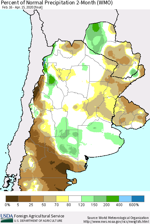 Southern South America Percent of Normal Precipitation 2-Month (WMO) Thematic Map For 2/16/2020 - 4/15/2020